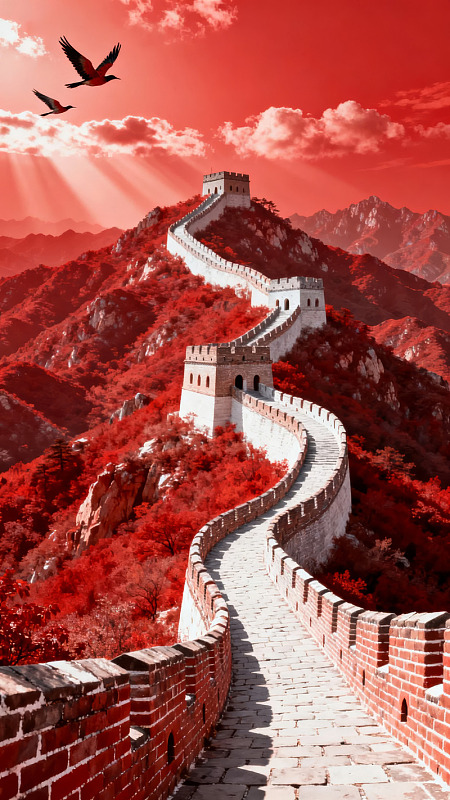 红色调长城与飞鸟图片