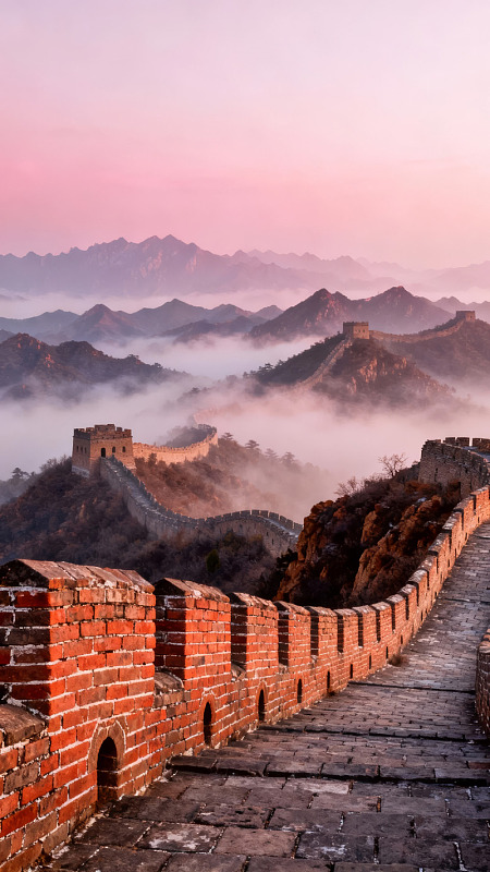 长城晨雾缭绕壮丽景色
