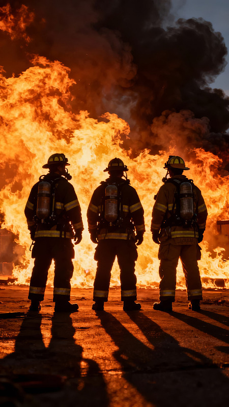 消防员背对烈焰站立图片