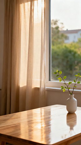 窗边木桌上的绿植与阳光