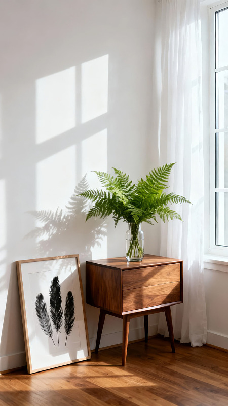 阳光洒落的角落绿植与画作