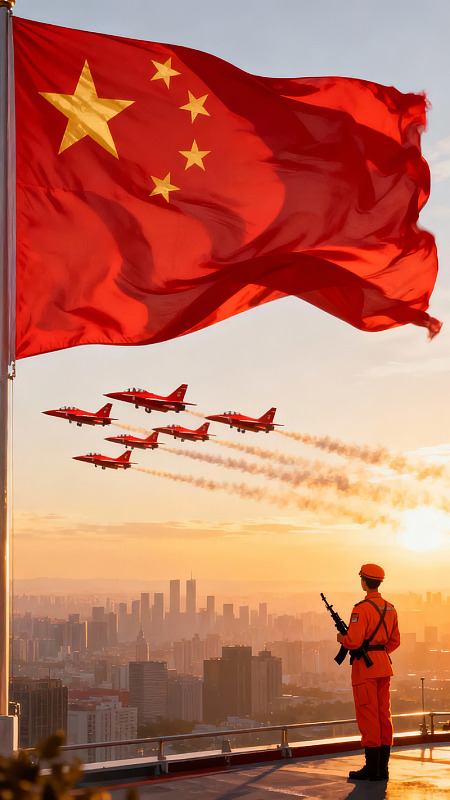 中国国旗飘扬战士守卫城市