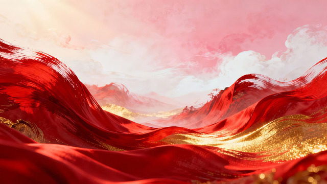 红色绸缎飘扬于梦幻天空