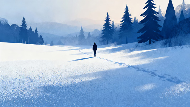 雪地独行者漫步林间小径