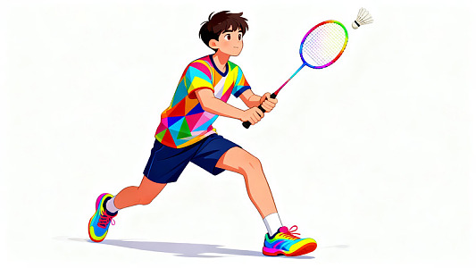 彩色服装羽毛球运动员击球瞬间