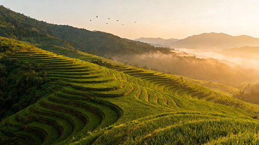 梯田日出云雾缭绕山景