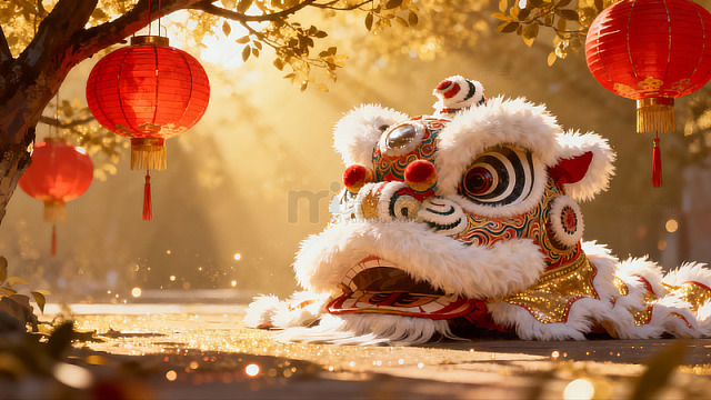 春节舞狮灯笼氛围场景