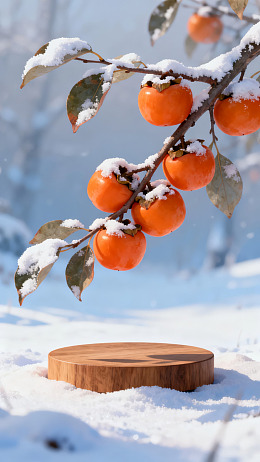 雪覆柿枝红果挂木台静立雪景中