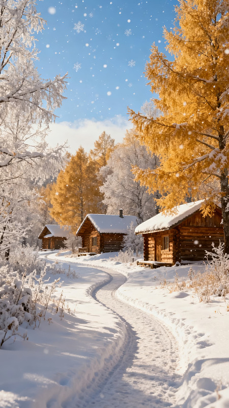 雪景小径旁的木屋与金黄树林