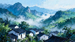 山间村落云雾缭绕图片