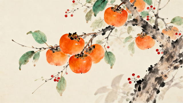 水墨画柿子枝头红果挂