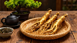 人参置于竹篮旁配以茶具