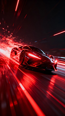 红色跑车高速行驶光影效果