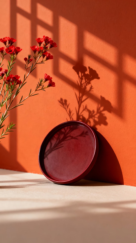 橙墙光影下的花与盘图片