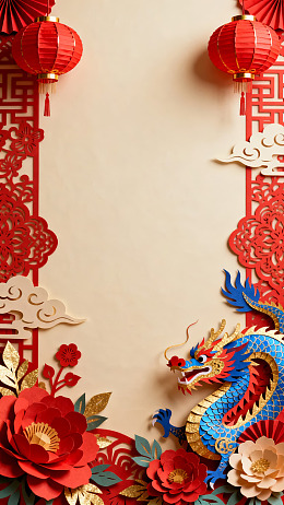 中式剪纸龙花灯笼装饰画