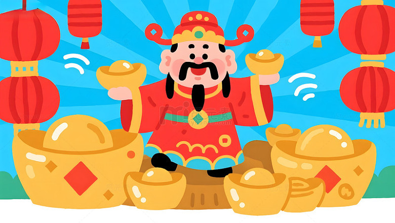 喜庆财神爷金元宝插画