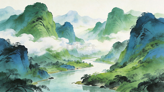 山水画卷水墨画风格山峦河流中国画