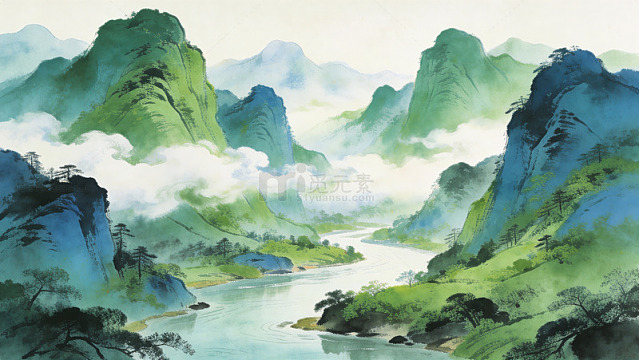 山水画卷水墨画风格山峦河流中国画