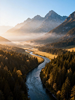晨曦山谷河流风光摄影