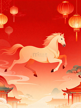 中国风白马跃动喜庆插画