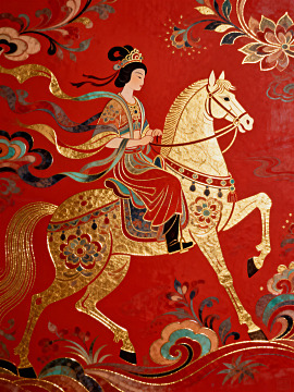 传统中国风骑马仕女壁画