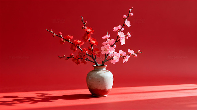 红色背景梅花花瓶装饰画
