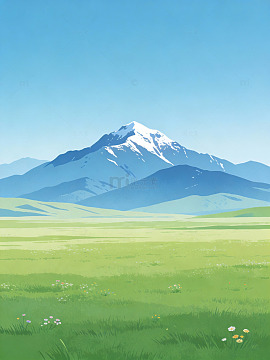 雪山草原插画风景