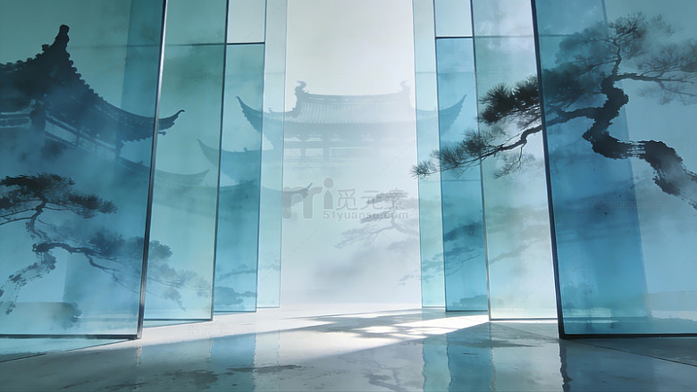 蓝调水墨古典建筑背景