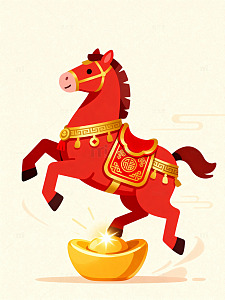 红色骏马踏金元宝卡通插画