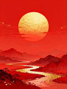 红色调山水国风插画