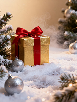 雪地圣诞礼盒与装饰球