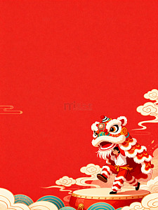 红色喜庆舞狮插画075