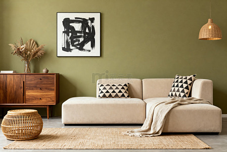 米色沙发与绿墙的温馨037