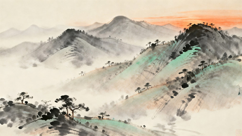 水墨山水画晨曦山峦图片