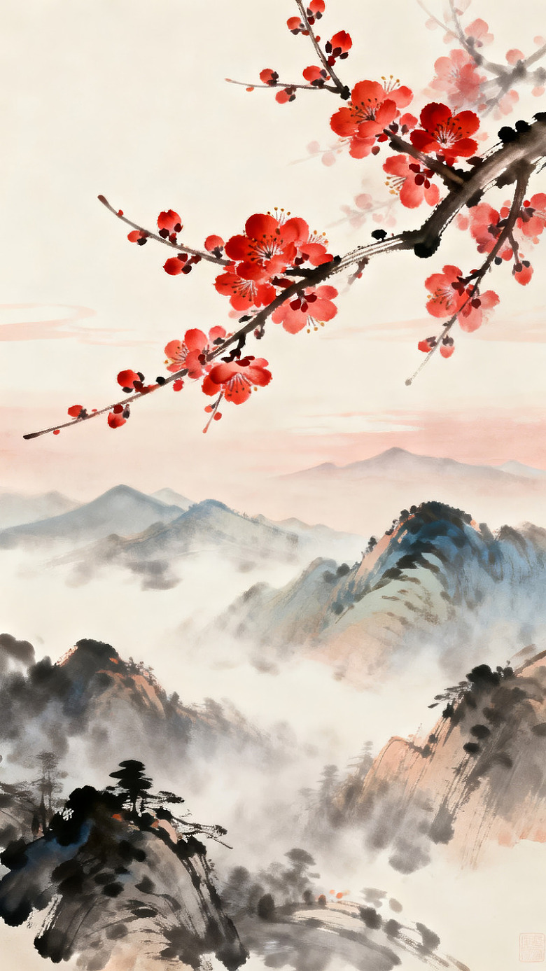 红梅枝头山雾缭绕图片