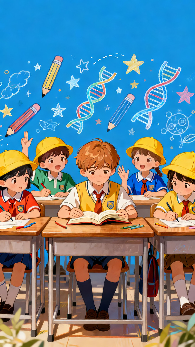 卡通学生课堂学习科学知识