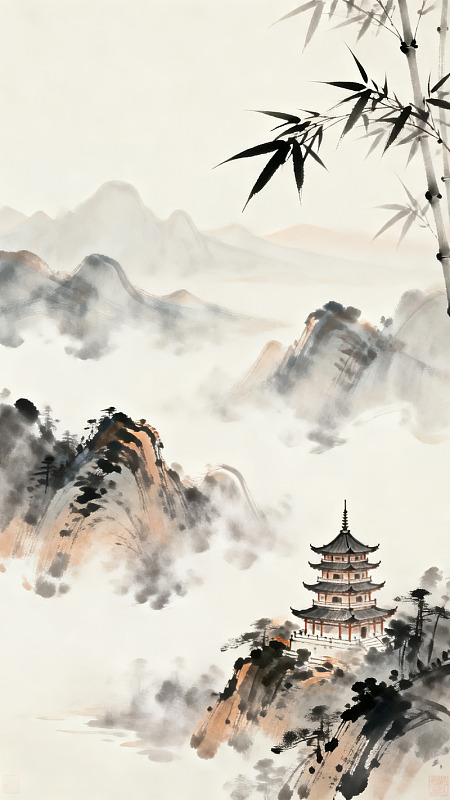 水墨山水画中的古塔与竹林