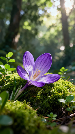 紫花在青苔上绽放图片