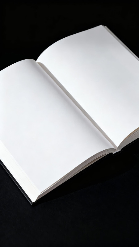 打开的空白书页静置于黑色背景