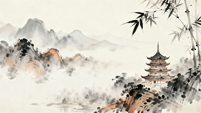 水墨画中的古塔与竹林