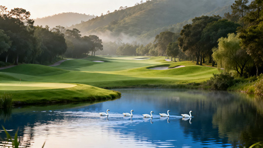 天鹅游弋湖面绿茵球场