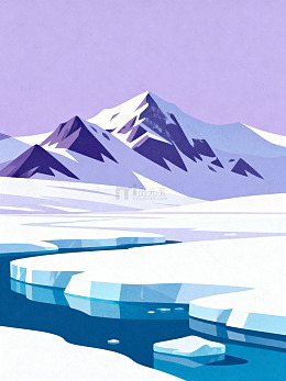 蓝紫极简雪山冰河插画74