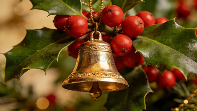 金色圣诞铃铛与冬青果95