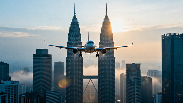 双子塔前飞行的飞机63