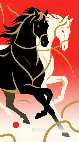 黑白色骏马奔腾插画82