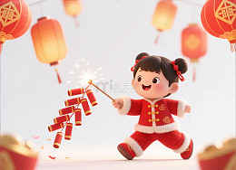 新年欢乐卡通女孩放鞭炮