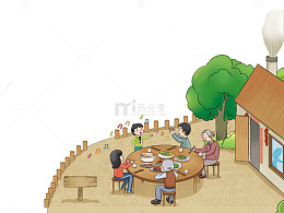 一家人户外温馨聚餐场景农家小院插画