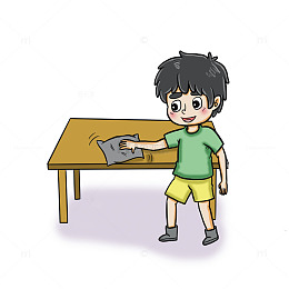 小男孩认真擦拭木桌插画