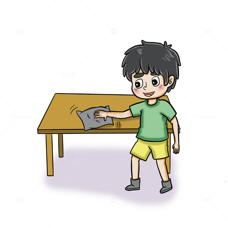 小男孩认真擦拭木桌插画