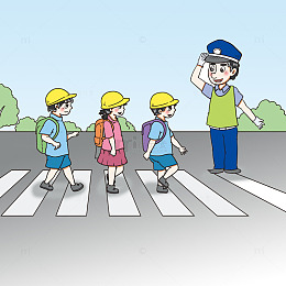 交警护送小学生过马路插画